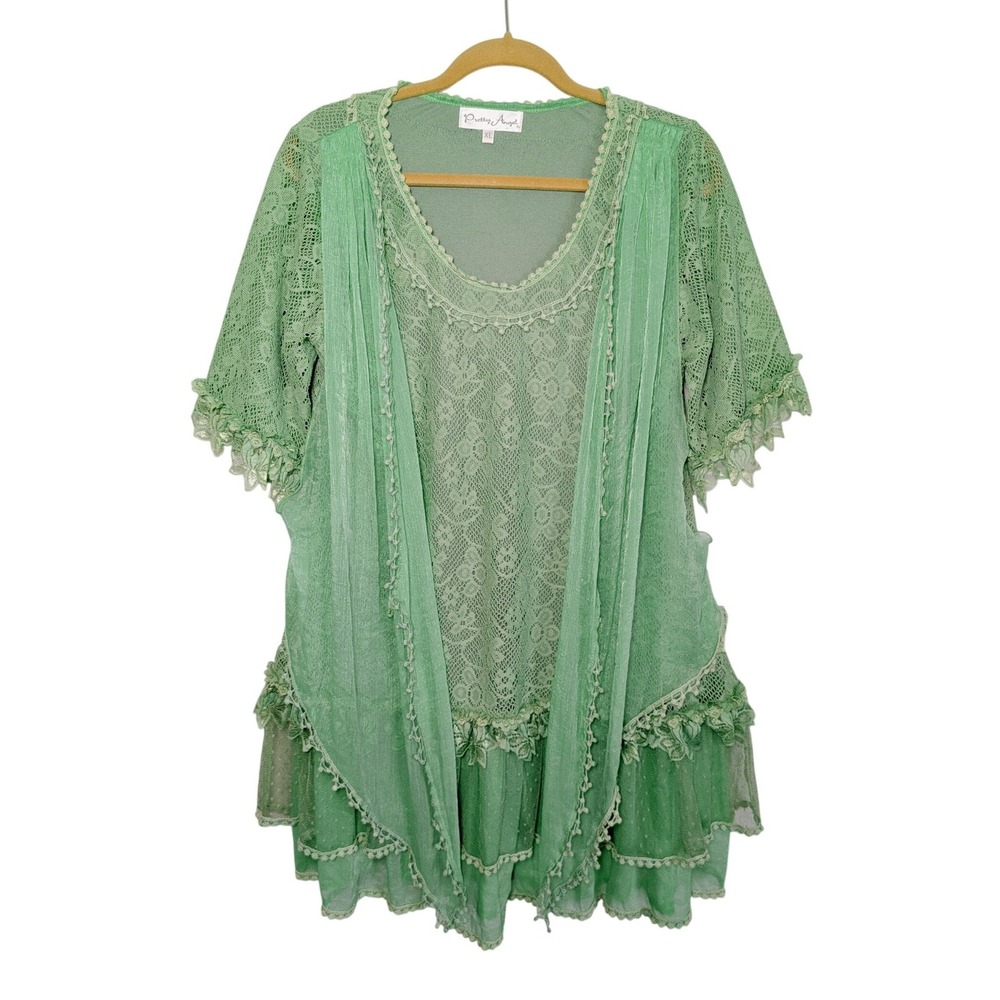Pretty Angle Vintage Y2K Fairycore Seafoam Green Ruffle Lace Silk Babydoll Dress